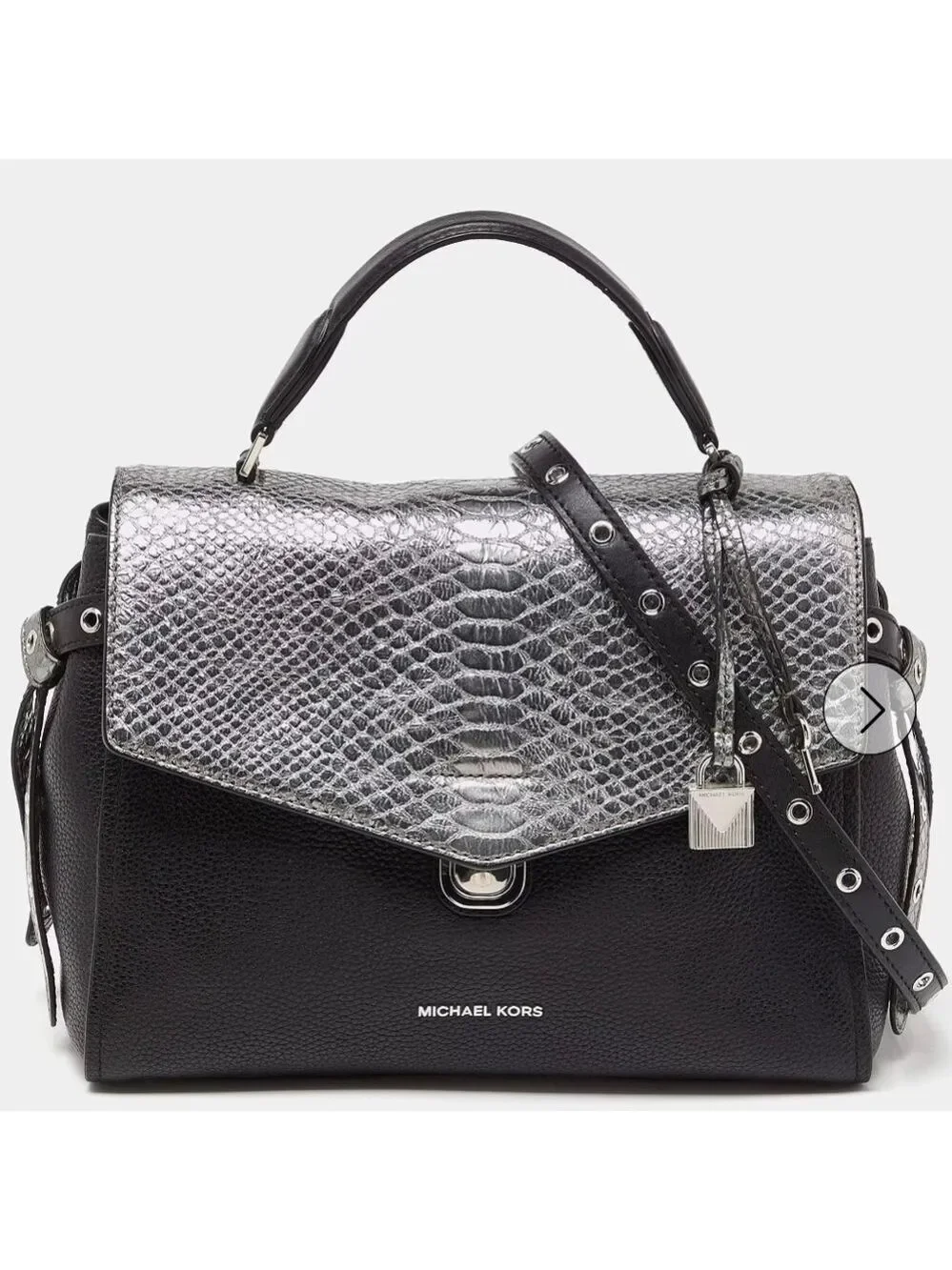 Michael Kors Black Silver Bristol Flap Satchel hand Bag‎ Crossbody Snakeskin